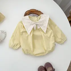 2024 Autumn New Baby Girl Embroidery Lapel Bow Bodysuit Infant Toddler Long Sleeve Solid Jumpsuit Cotton Princess Clothes 0-24M