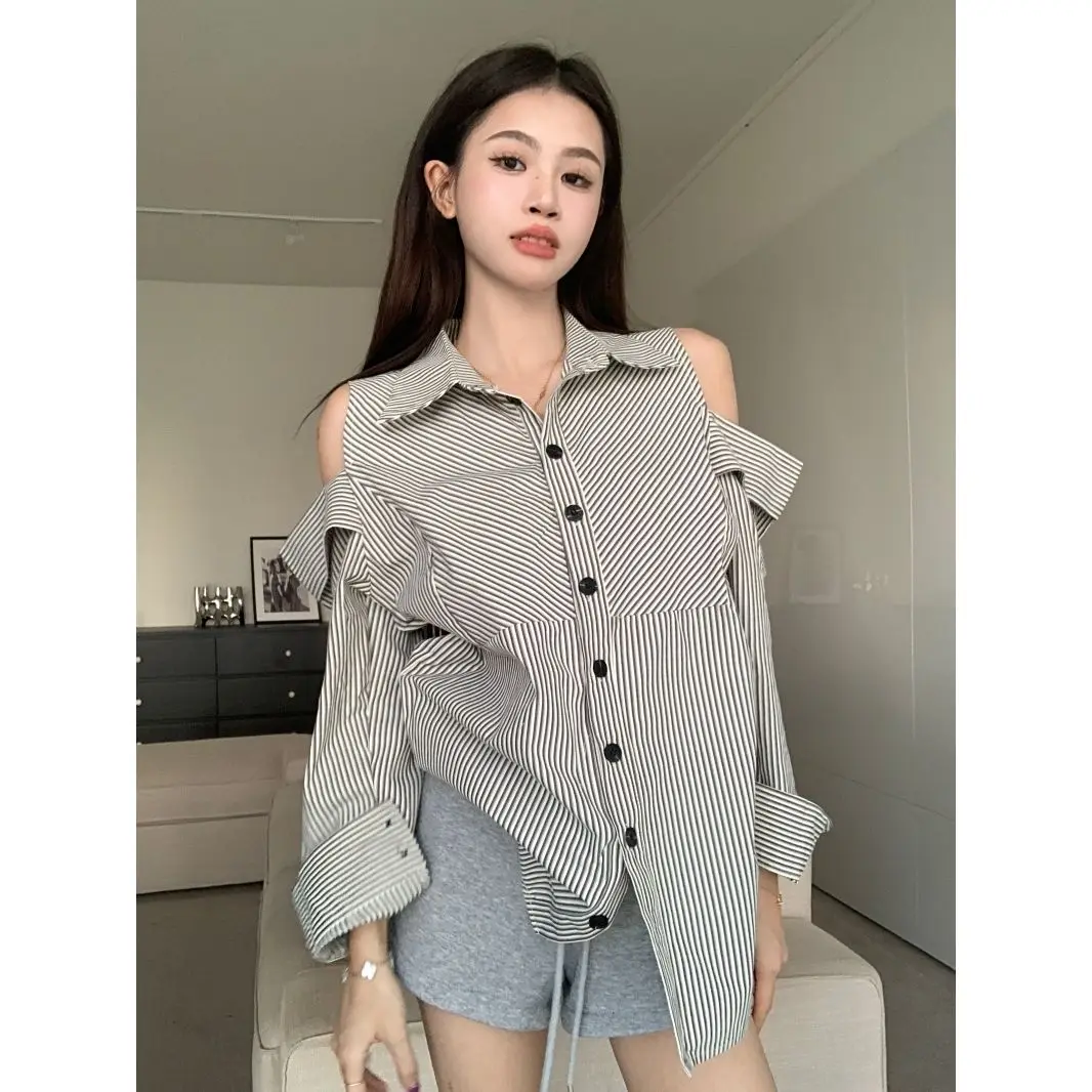 Kimotimo 2026 Fashion Women Striped Sun Protection Long Sleeve Shirt Off Shoulder Unique Design Summer Fashion Top