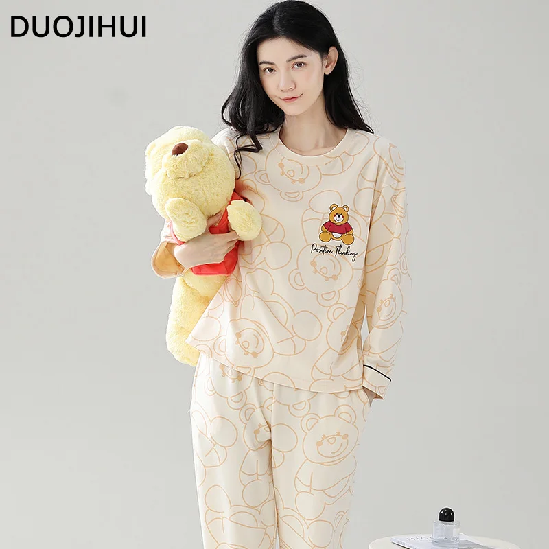 DUOJIHUI Set piyama wanita motif, setelan pakaian tidur wanita, celana dasar Pullover leher-o klasik, Set piyama longgar sederhana, motif mode, musim gugur