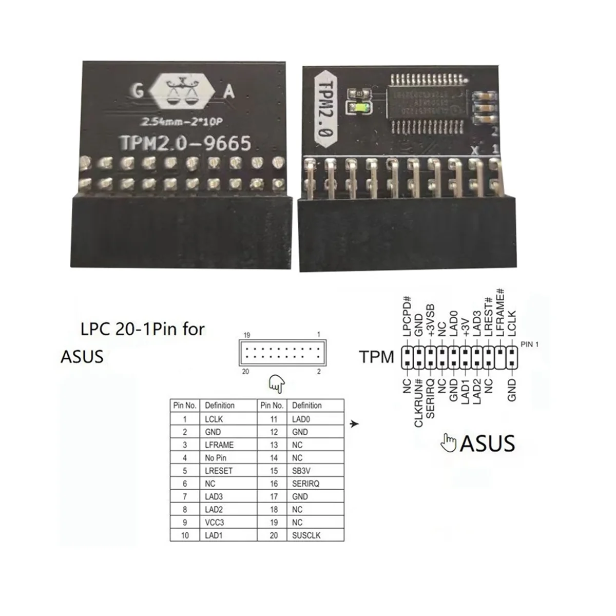 Módulo de proteção a93p lpc 20 pinos para asus TPM-L r2.0/gigabyte GC-TPM2.0 módulo de plataforma de confiança compatível 20 pinos 20-1 l2p7