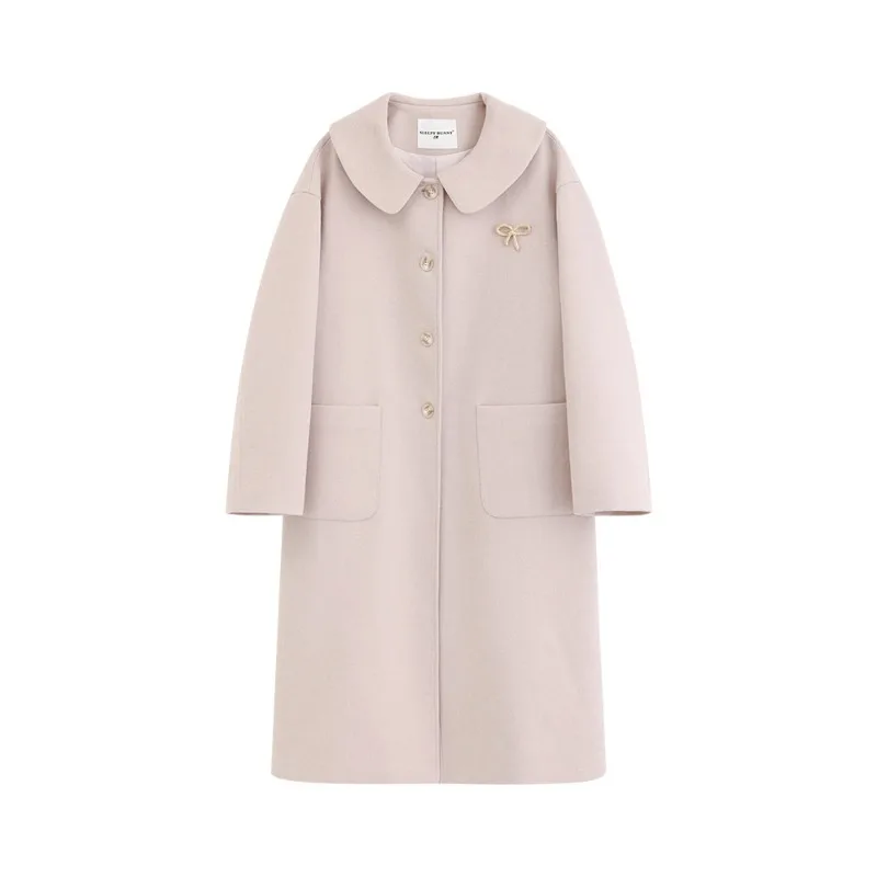 Cute Bow-Collar Wool-Like Coat Women Lady Loose Warm Winter Overcoat Soft Cozy Oversized Outerwear for Sweet Daily Fashion Looks