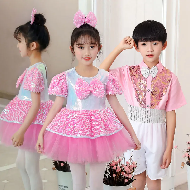 Pink Girl Stage Dance Dress For Girls Dance Clothes Kids Sequins Ballet Costumes Girls Tutu Stage Children Performance Dancewear