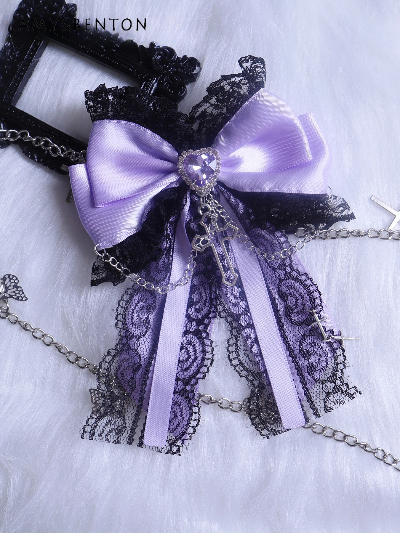 Handmade Japanese Mine Goth Cross Heart Rhinestone Lace Chain Bow Hair Clips Kawaii Hair Clips for Girls Lolita Hair Accessories