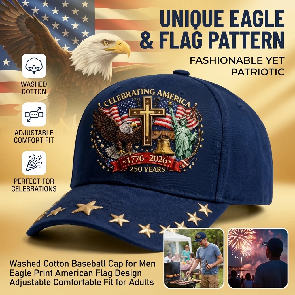 1776-2026 American Flag Print Hat Baseball Cap Patriotic Outdoor Washed Cotton Eagle Quick Dry Breathable Adjustable Cap for Men
