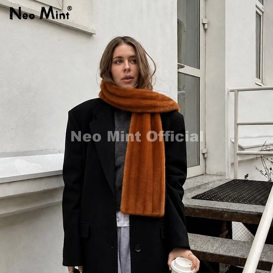Neo Mint Luxury Brand Fashion Faux Mink Fur Scarves Women 2026 Winter Fuzzy Neck Warmer Wraps Chic Plush Fur Collar Shawl Scarf