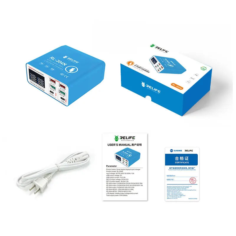 RELIFE RL-304N Smart digital display 6 port charger 87W efficient fast charge for all mobile phones tablets and other devices