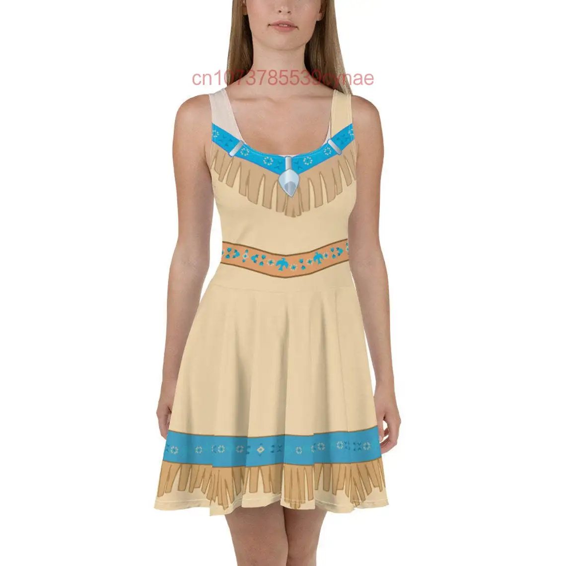 ใหม่ Pocahontas Princess Running เครื่องแต่งกาย Skater ชุดผู้หญิงรอบคอแฟชั่น Casual Beach Party Dress