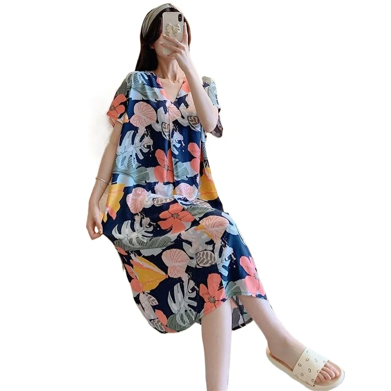

Cotton and Silk Nightgown Women's Summer New Short-sleeved Cartoon Printed Pajamas Korean Version Large Size Loose Loungewear