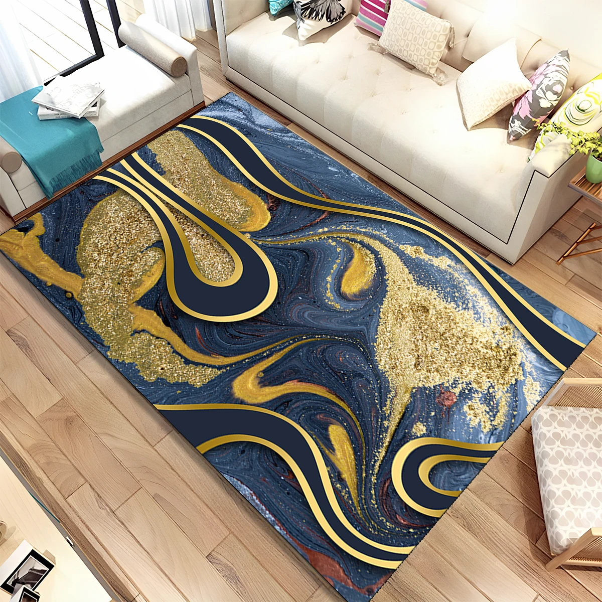 Colour Gold Nordic Marble Splendid Area Rug Large,Carpet Rug for Home Living Room Bedroom Sofa Doormat Decor,Non-slip Floor Mat