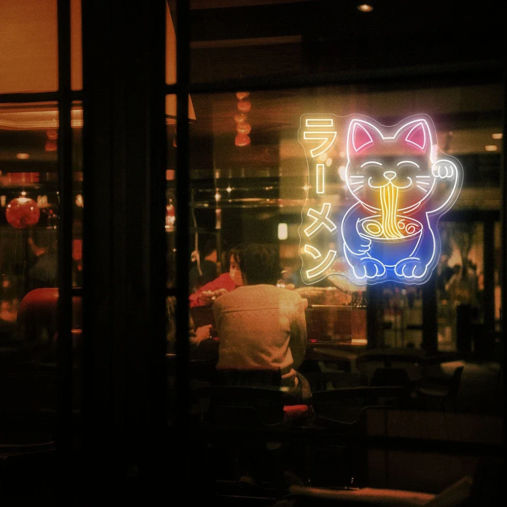 Lucky Cat Eating Ramen Neon Sign Restaurant Kitchen Wall Decor Shop Signage Cat Ramen Noodles Led Light Japanese Anime Neon Sign