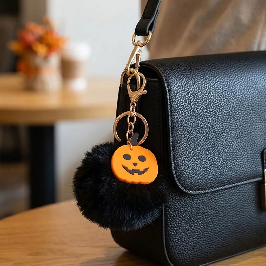 Halloween Black Plush Ball Keychain Spider Web Pirate Ship Key Ring Fluffy Pom Pom Bag Charm Gothic Backpack Accessories Gifts view 2