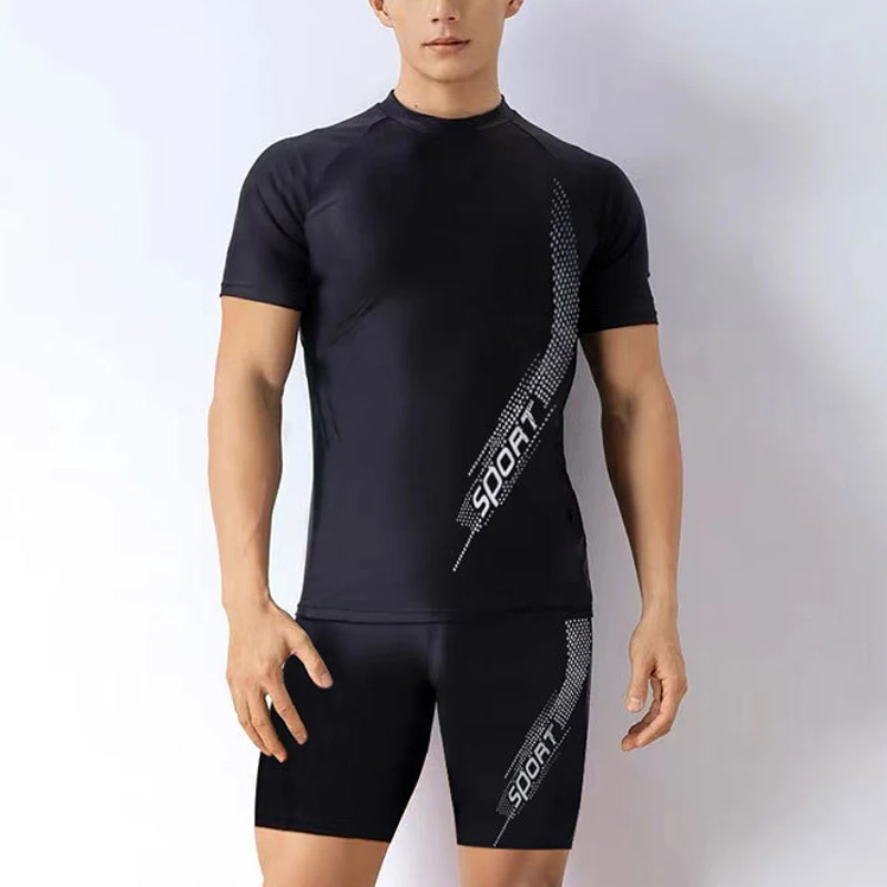 Men Swimwear O-Neck Short Sleeve T-shirt Swimsuit Shorts Full Body Suit Hot Spring Mid-rise Swim Trucks Set Quick-Dry Beachwear