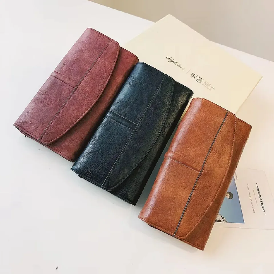 Vintage Trifold Wallet Women Long PU Leather Wallet Female Clutch Purse Hasp Female Phone Bag Girl Card Bags Ladies High Quality