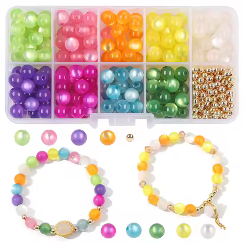 1Set/Bag10 Grid Set Box 8mm Resin Cat Eye CCB Round Beads Unique Loose Beads Handmade DIY Jewelry Bracelet Crafts Material Set B