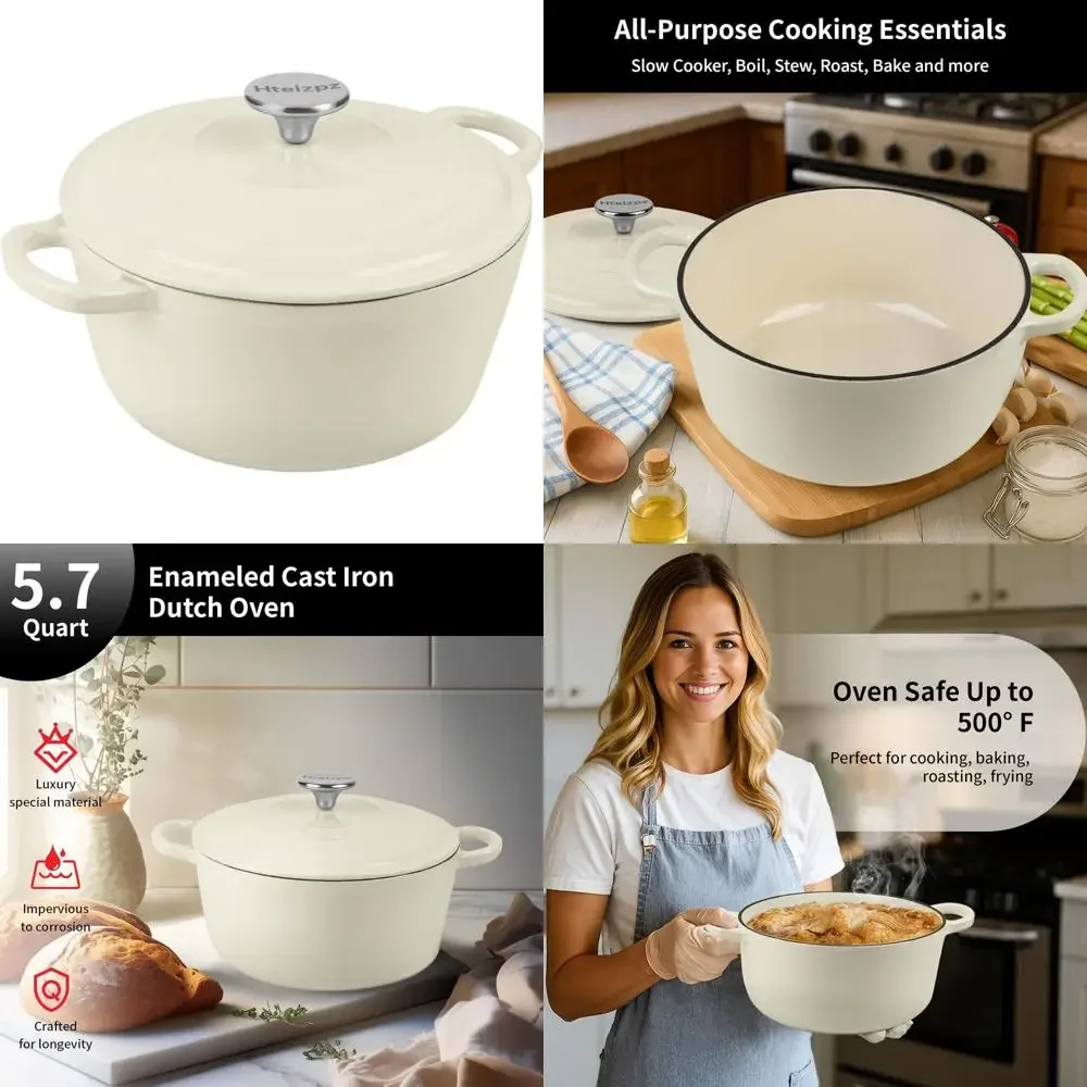 

Oven-Safe 5.7 Quart Enamel Cast Iron Dutch Oven for Bread Baking, Perfect for Baking and Roasting, Heat-Resistant up to 500°F, I