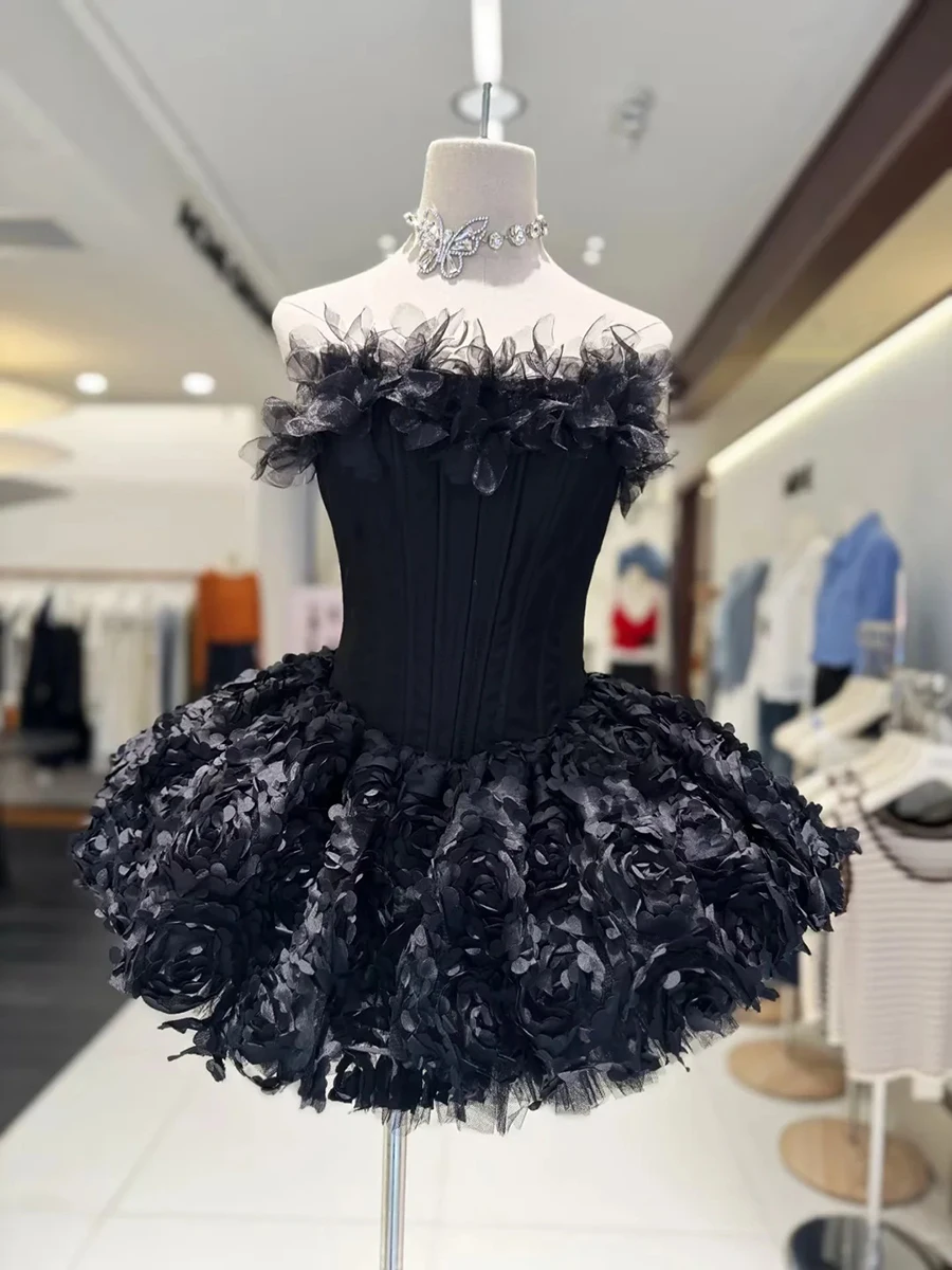 VGH Sexy 3D Bloemen Mini Jurk voor Vrouwen Sweetheart Hals Mouwloos Visgraten Tuniek Verjaardagsfeestje Flirterige Rok Vrouwelijke Kleding