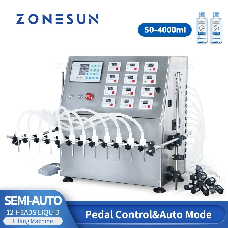 

ZONESUN Liquid Filling Machine 50-4000ml Semi Automatic 12 Heads Beverages Diaphragm Pump Bottle Perfume Juice Packaging