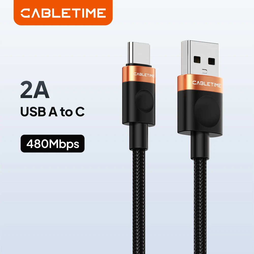 CABLETIME USB-A-auf-USB-C-Kabel, 2 A, max. Ladeleistung, 480 Mbit/s, Hochgeschwindigkeits-Datenübertragung, geflochtene Ummantelung für Telefon und Laptop
