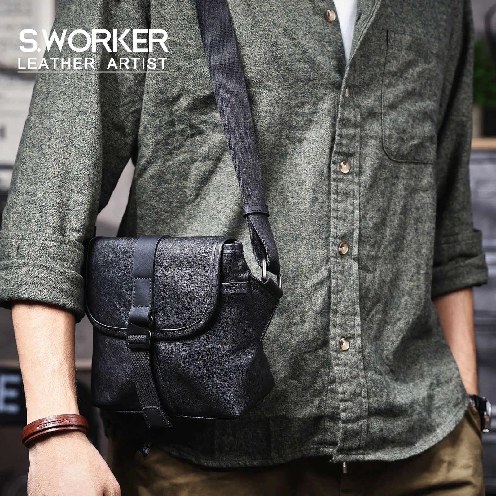 S.WORKER Modische Echtleder-Umhängetasche für Herren, Vollnarbig, Trendige Casual-Crossbody-Tasche, Mini-Umhängetasche für Handy und Schlüssel – Detail 2