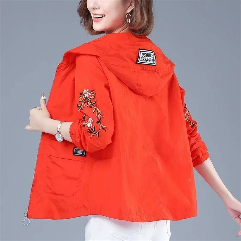 

Thin Short Jackets for Women Retro Hooded Loose Embroidery Female Short Coats Breathable Sun Protection Women's Outwear Jacket