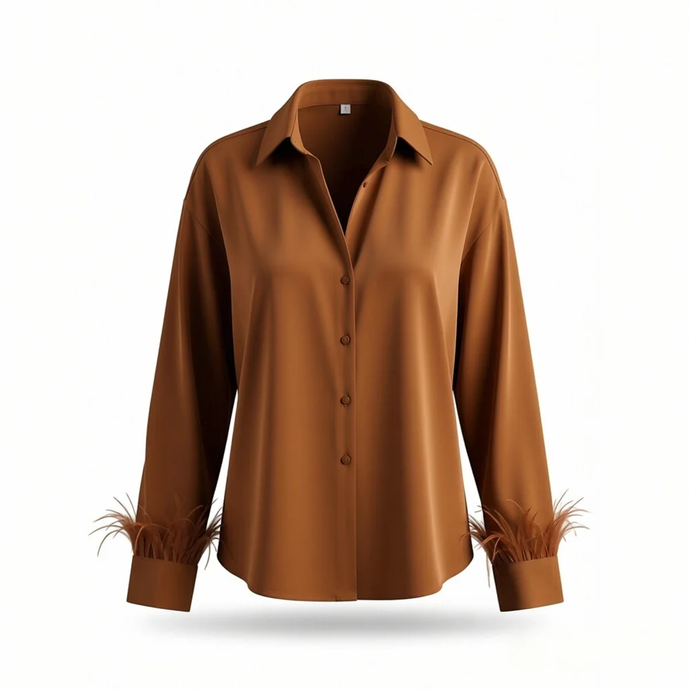 

2026 new women's fashion casual temperament lapel long sleeved feather embellished silk satin texture shirt