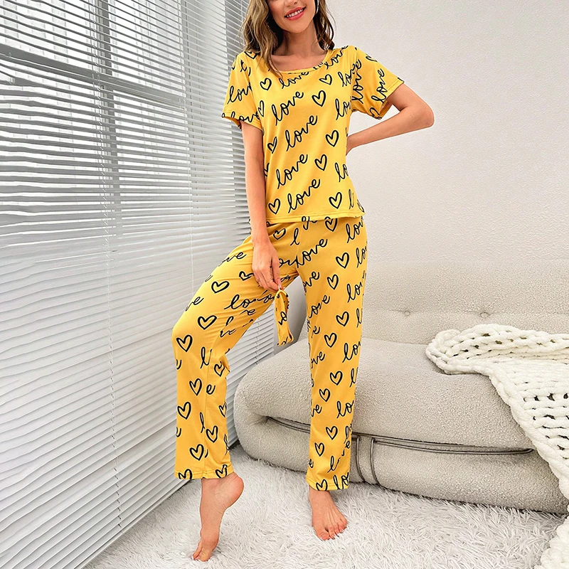 Damen-Pyjama-Set mit Cartoon-Druck, kurzärmelig, Oberteil, lange Hose, weiche, bequeme Nachtwäsche für Damen, Homewear-Pyjama – Detail 38