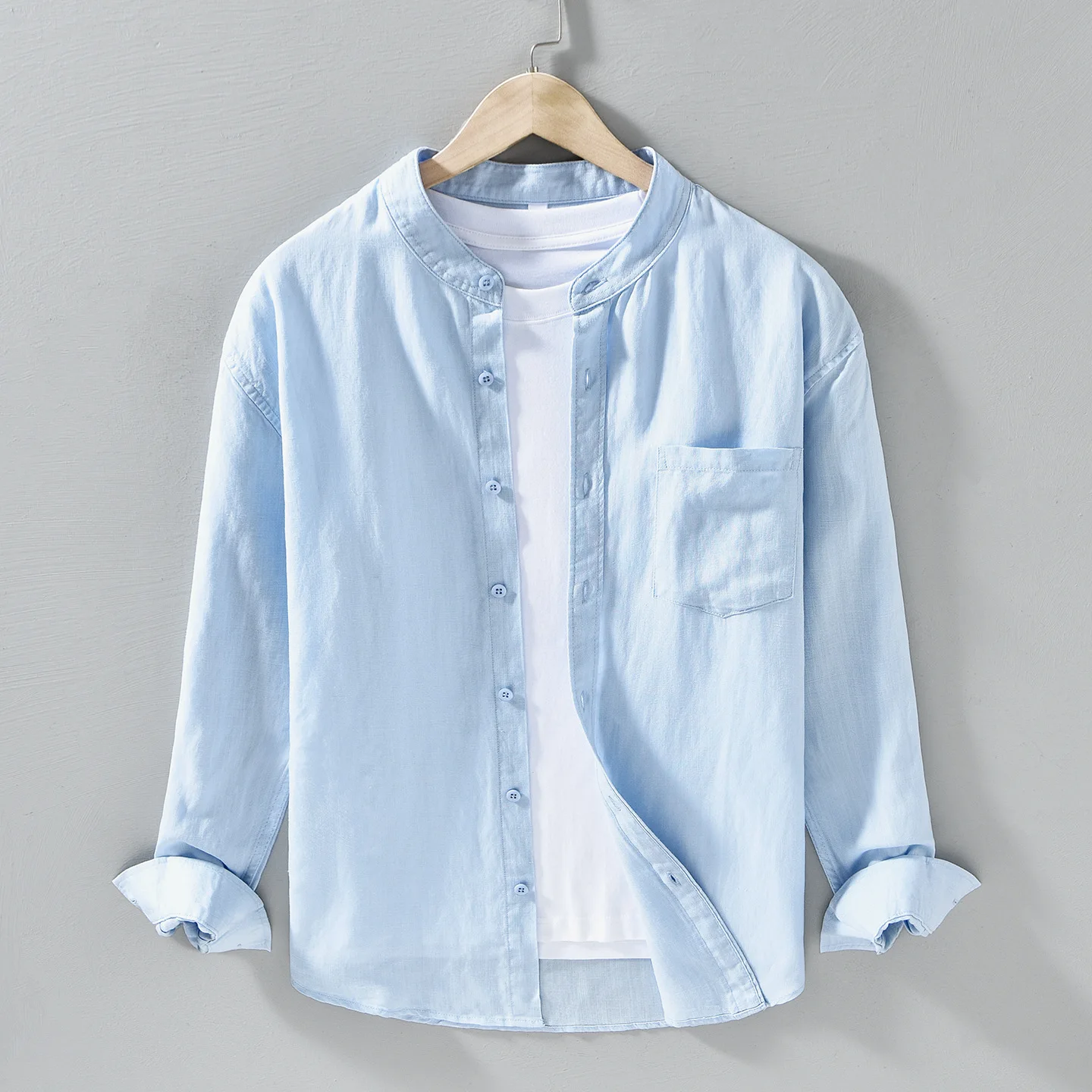 

Spring Summer Men's Casual Long Sve irt Thin Lyocell Linen Stand Collar Loose Fit Drapey Sle Lightweight Classic irt