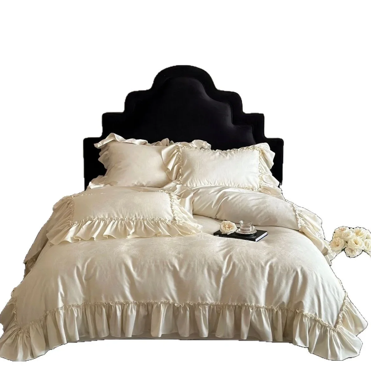 French cream-style jacquard 1000-cotton tribute satin four-piece set, ruffled pure cotton duvet cover, princess-style light luxu