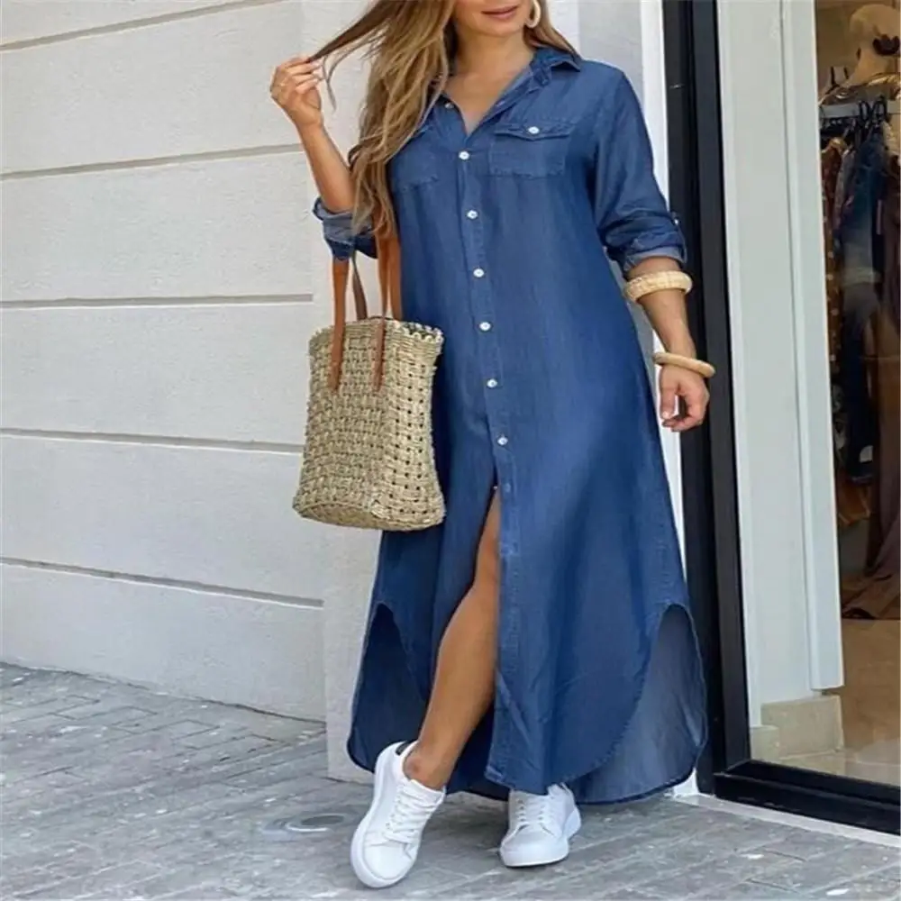 Women's Denim Long Sve irt Dr Skirt Set Loose Waist Polyester Fabric Commute Sle Basic Model Home And Busin Use