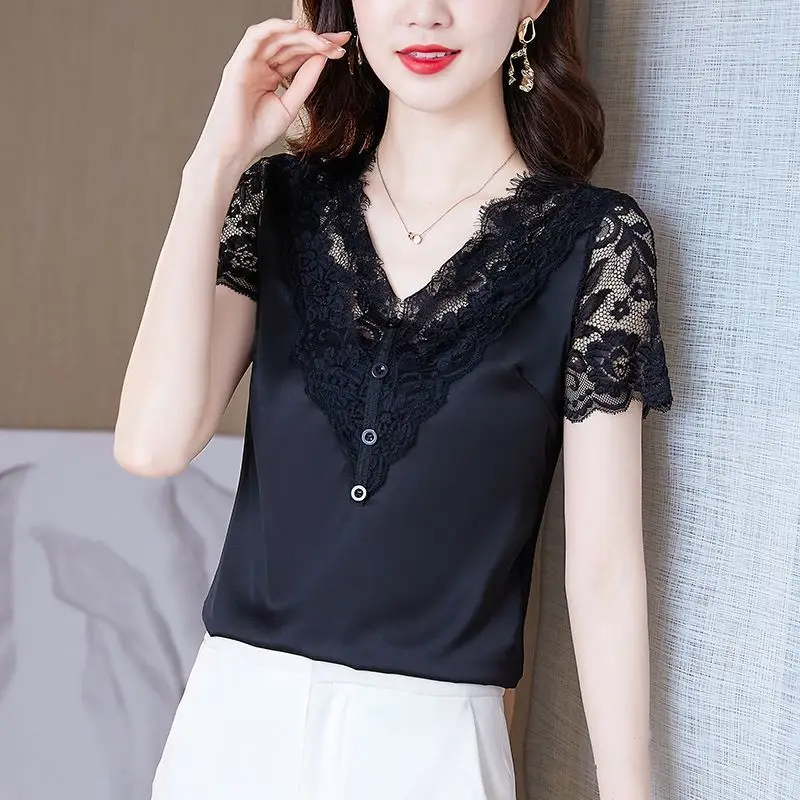 New Summer Women's Solid Colors V-Neck Short Sleeve Spliced Lace Loose Thin Temperament Pullovers Fashion Chic Comfortable Tops