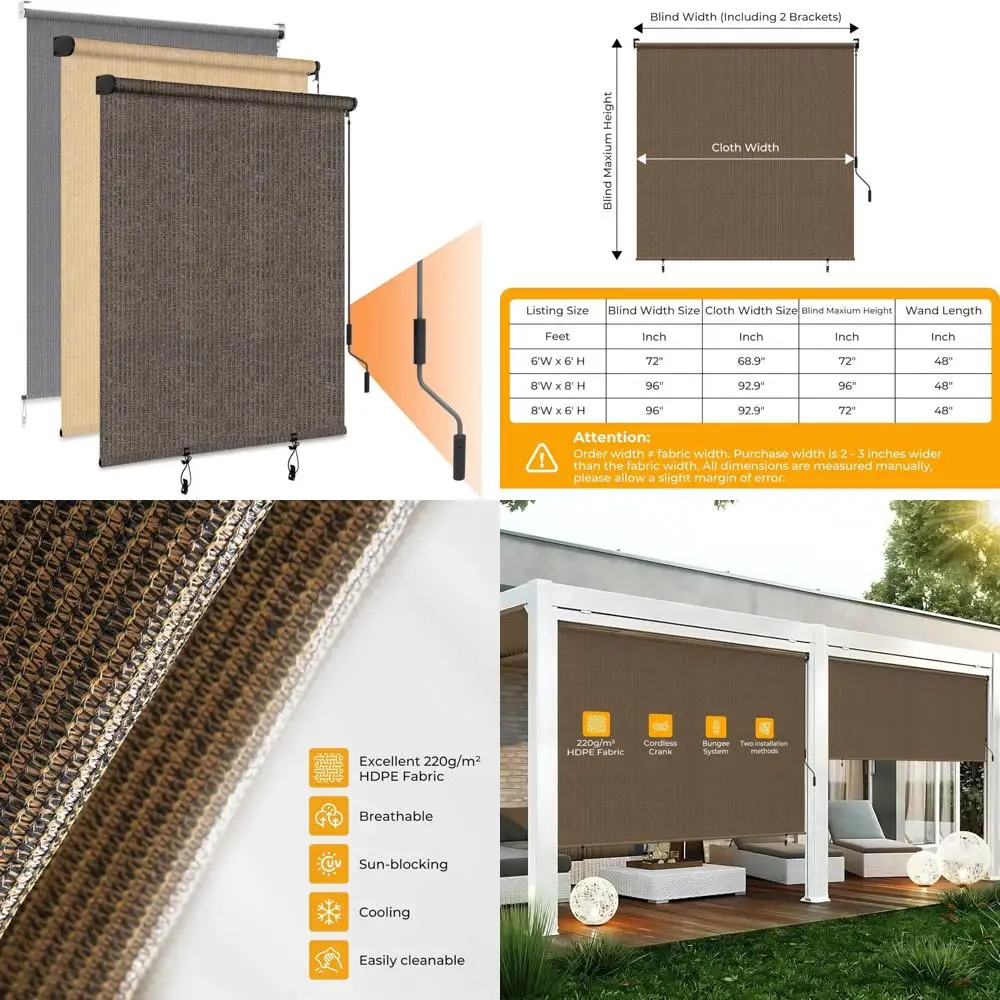 

Outdoor Patio Mocha Roll-Up Sun Shade Cloth Blinds, 6 Feet Wide by 6 Feet High for Maximum Protection