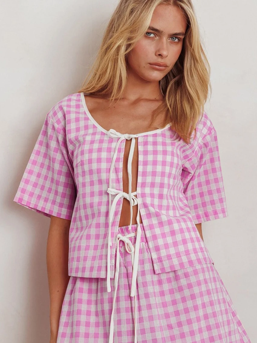 Marthaqiqi Plaid Women Nightie Set Lace Up Sleepwear Short Sleeve Pajamas O-Neck Nightwear Skirts Ladies Nightgowns 2 Piece Suit