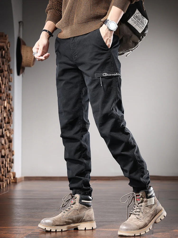 Autumn Cotton Cargo Pants Men Casual Pencil Pants Fashion Streetwear Coffee Slim Fit Trousers