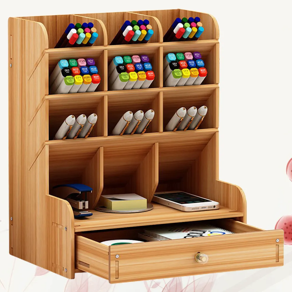 Cherry Wood Desk Organizer Storage Box Modern Wooden Pen Holder with Versatile Compartments for Pens Markers Scissors Notebooks