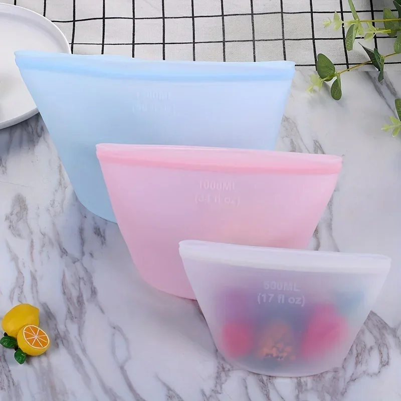 3PCS Reusable Silicone Food Storage Bags, Leakproof Stand Up Zip Containers, Fresh Wrap Ziplock Bags