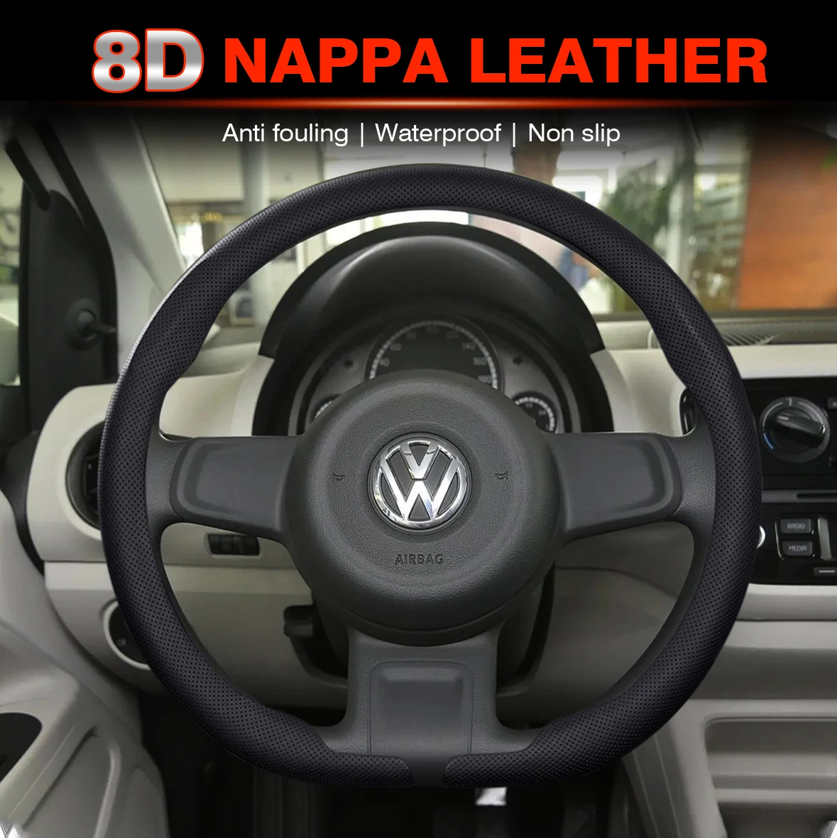 For VW Up/ Skoda Citigo/ Seat Mii 2013 2014-2021 8D Nappa Leather Breathable And Anti-Slip Steering Wheel Cover Auto Accessories