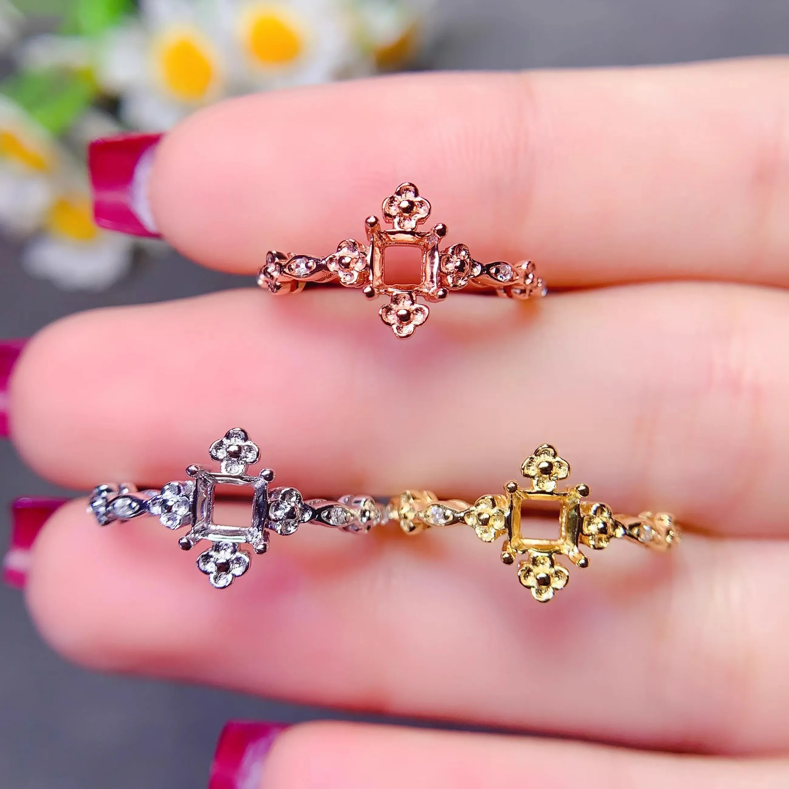 Setting 4/5mm Square Stone S925 Sterling Silver Empty Holder DIY Ring Fine Weddings Simple Flower Design Charm Jewelry for Woman