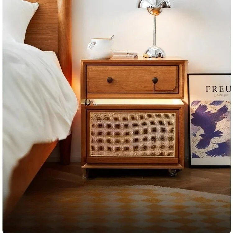 All Solid Wood Bedside Table Movable Bedroom Small Apartment Ultra Narrow Bedside Storage Cabinet Cherry Wood
