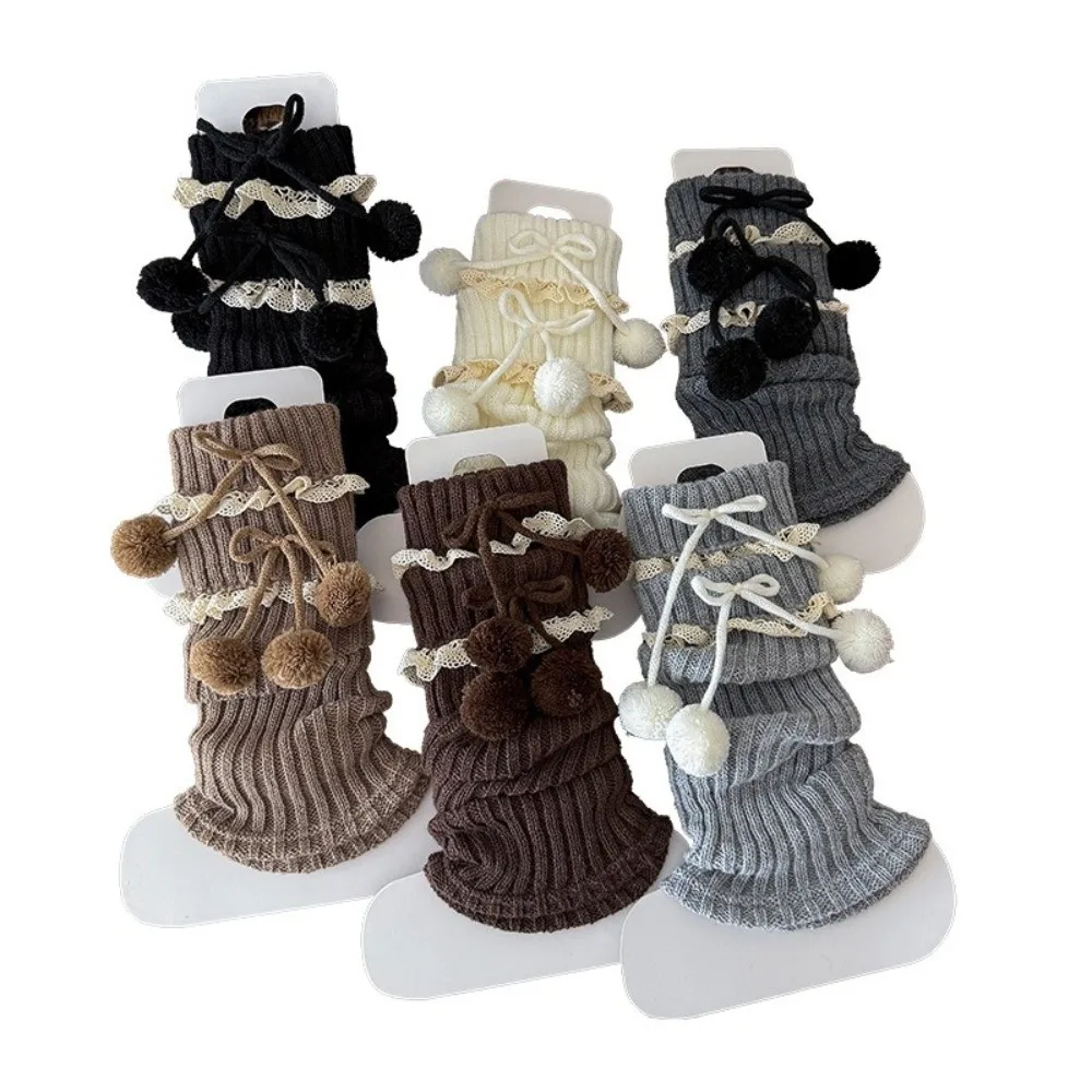 New Solid Color Leg Warmers Thickened Lolita Mid-Calf Sock Knitted Bow Pompom Middle Tube Socks Gift