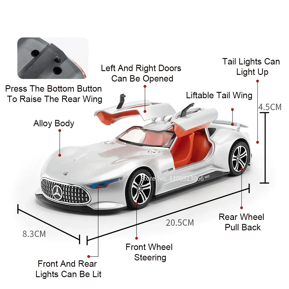 1:24 Legierung Diecasting Vision GT Spielzeugautos Miniaturmodelle Rad Zurückziehen Sportwagen mit Lichtmusik Fahrzeuge Modell Ornament