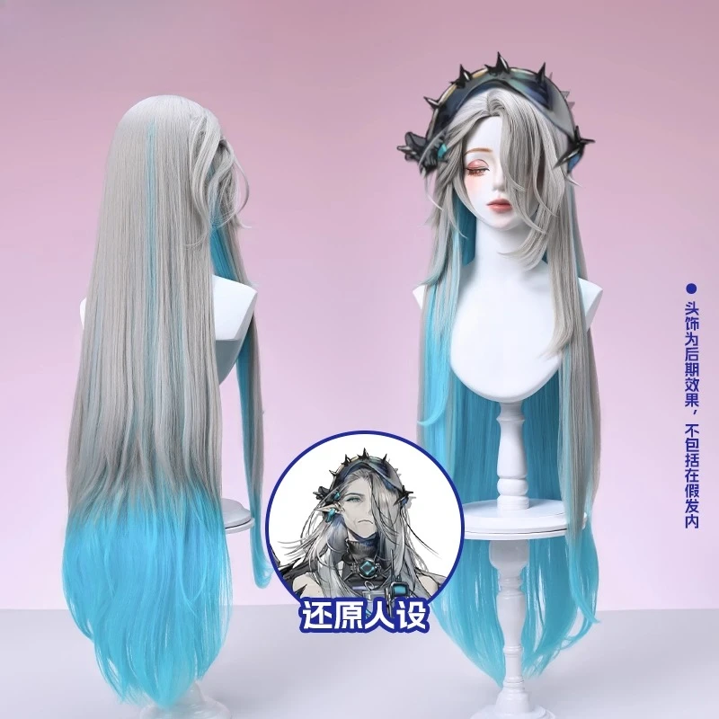 Arknights Mantra Cosplay Wig Long Grey Blue Gradient Wavy Hair Heat Resistant Synthetic Wigs For Women Girls Christmas Halloween