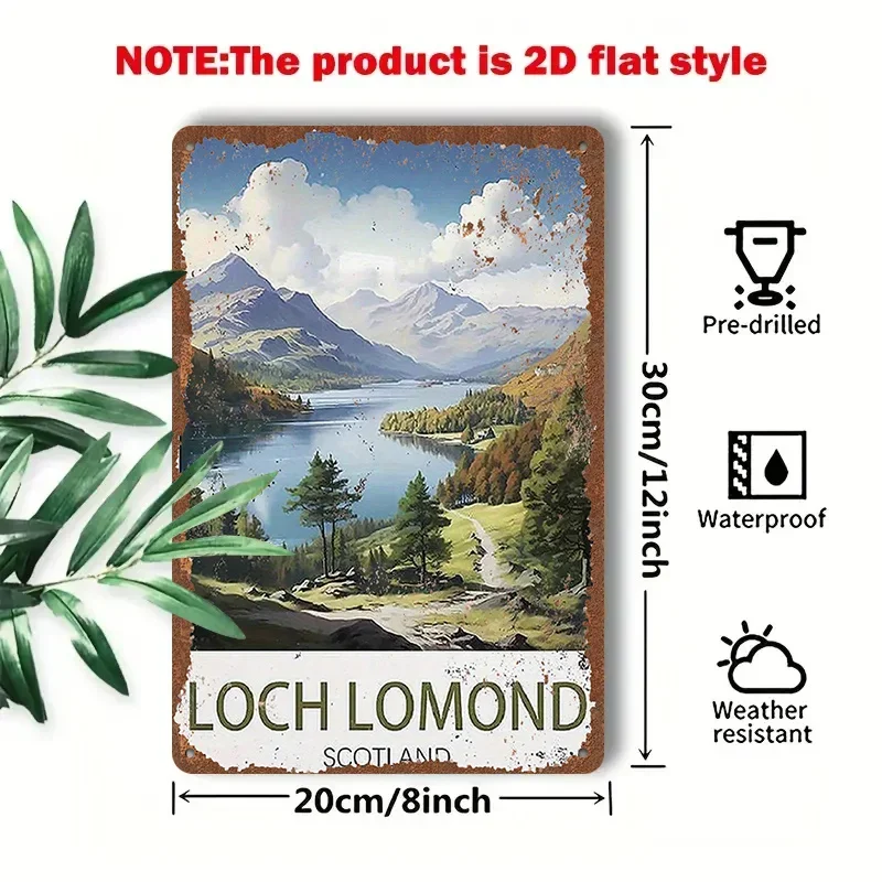 2D Flat - 1pc 2D[Flat] Metal Sign Loch Lomond, Scotland Landscape Tin Painting, 8X12 Inches/20X30 Cm, Vintage Distressed Design,