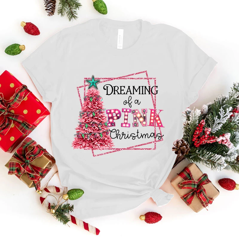 (Premium T-shirt)Dreaming Of A Pink Christmas Print T-Shrits For Women Summer Short Sleeve Round Neck Cute Loose T-Shirt tops