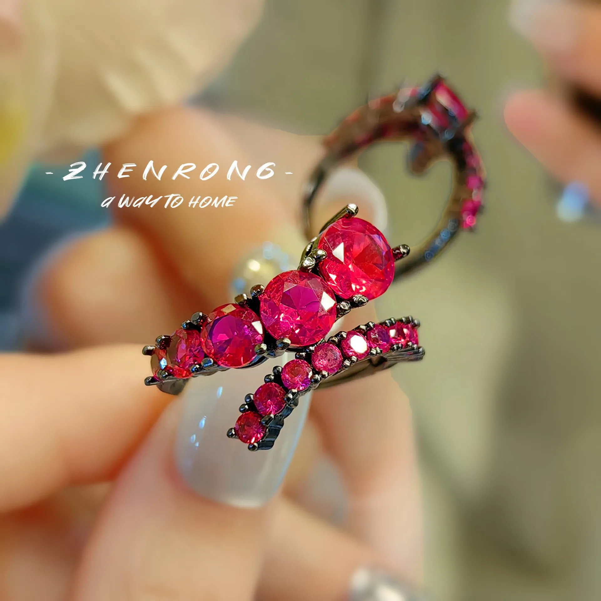 Creative Personality Colored Diamond Ring Interactive Row Diamond Silver Ring Adjustable Stacked Ring Women