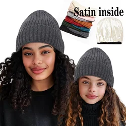 Satin Inside Mother Dauther Knitted Hat Hair Protect Bonnet Parent-Child Mother Kids Beanie Winter Hat Kids Mummy Knit Hat