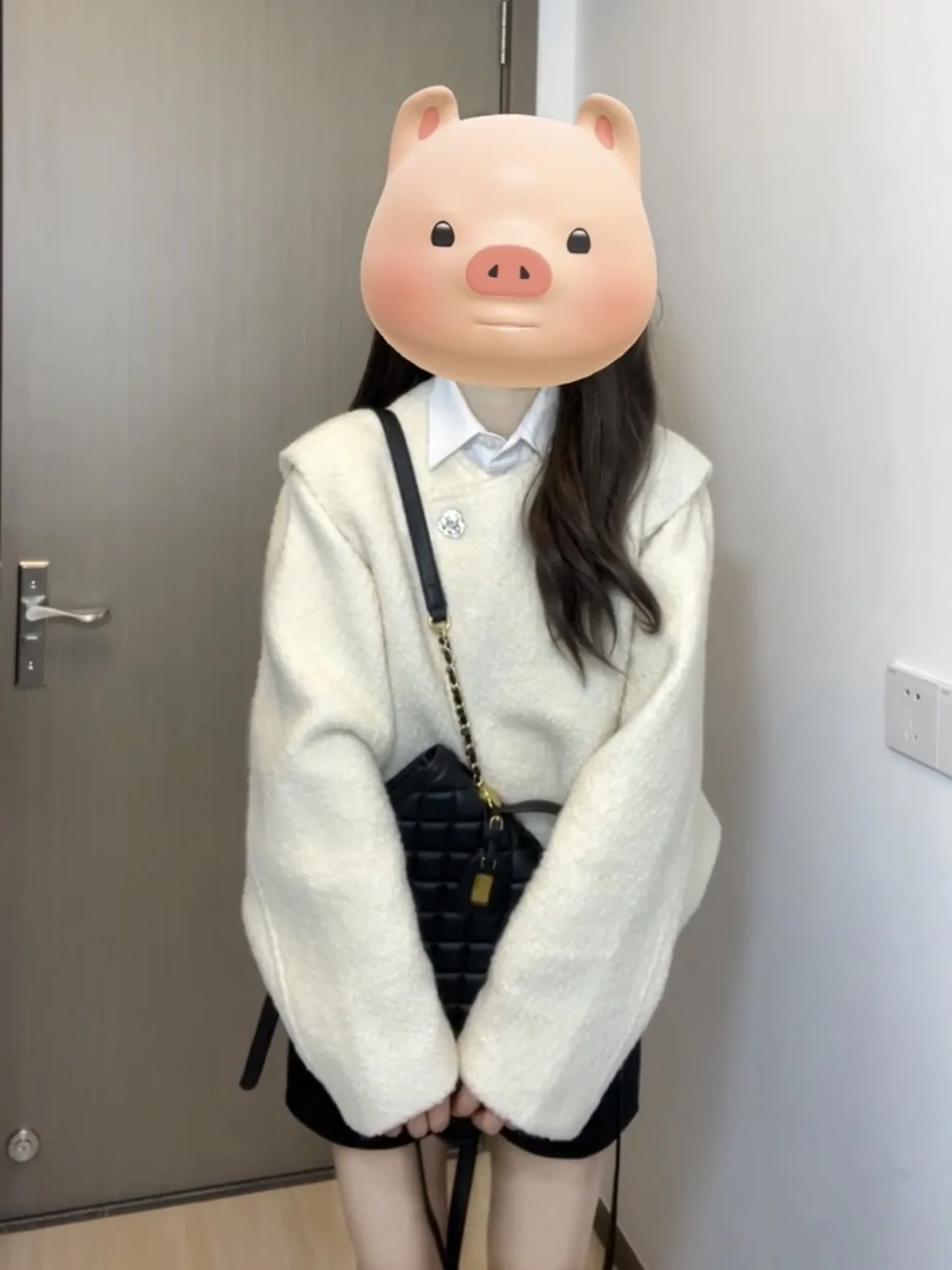 

Lamb Wool Jacket Oversized Woman Faux Leather Biker Asymmetric Zip Hardware Details Quilted Panel Detail Buckle Adjustment Girls