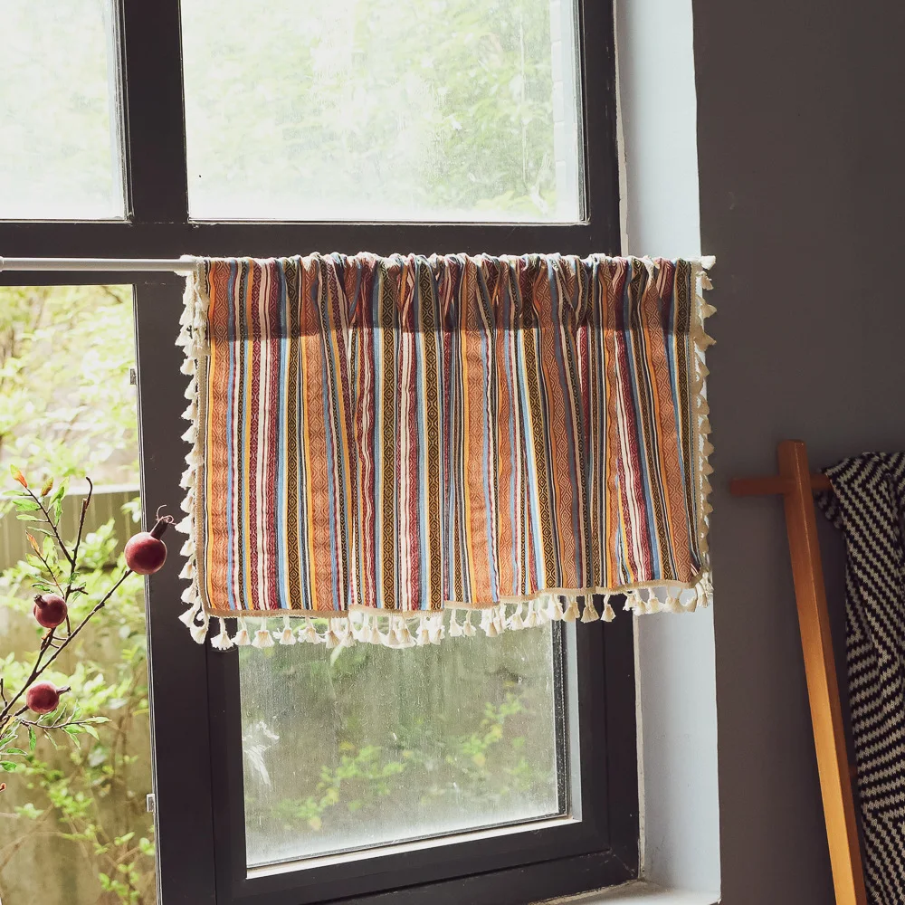 Bedroom Balcony Short Curtain Boho National Style Polyester-cotton Curtain Stripes Embroidered Kitchen Cabinet Dustproof Cloth