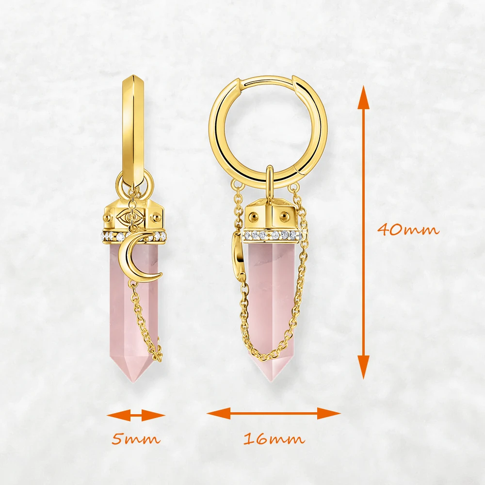 Gold Plated Hoop Earring Moon Rose Quartz Hexagonal Europe Fine Jewerly For Women Vintage Gift In Real 925 Sterling Silver