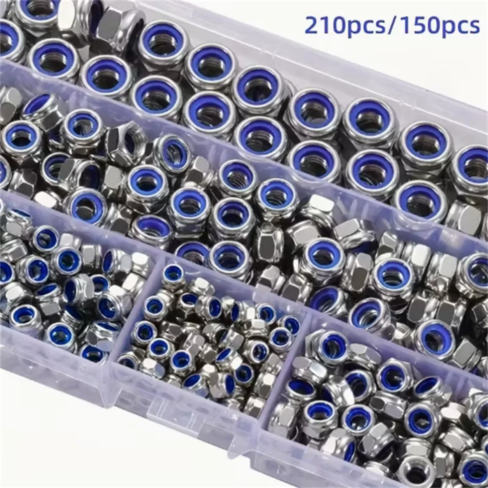 Nylon Insert Lock Nut Kit 150Pcs/210Pcs 304 Stainless Steel M3-M8 Hex Nuts Durable for Home Improvement And Maintenance