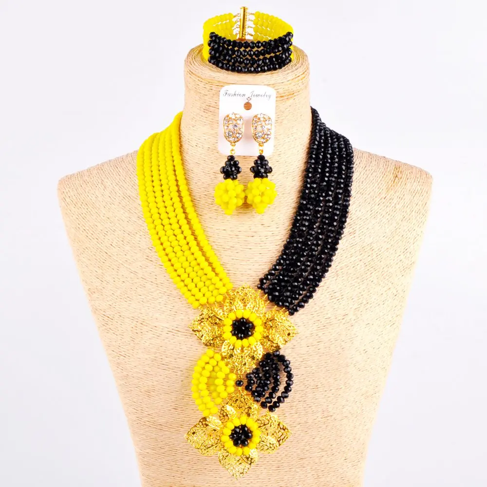 

Opaque Yellow Black Crystal Bead Necklace Costume African Beads Jewelry Set